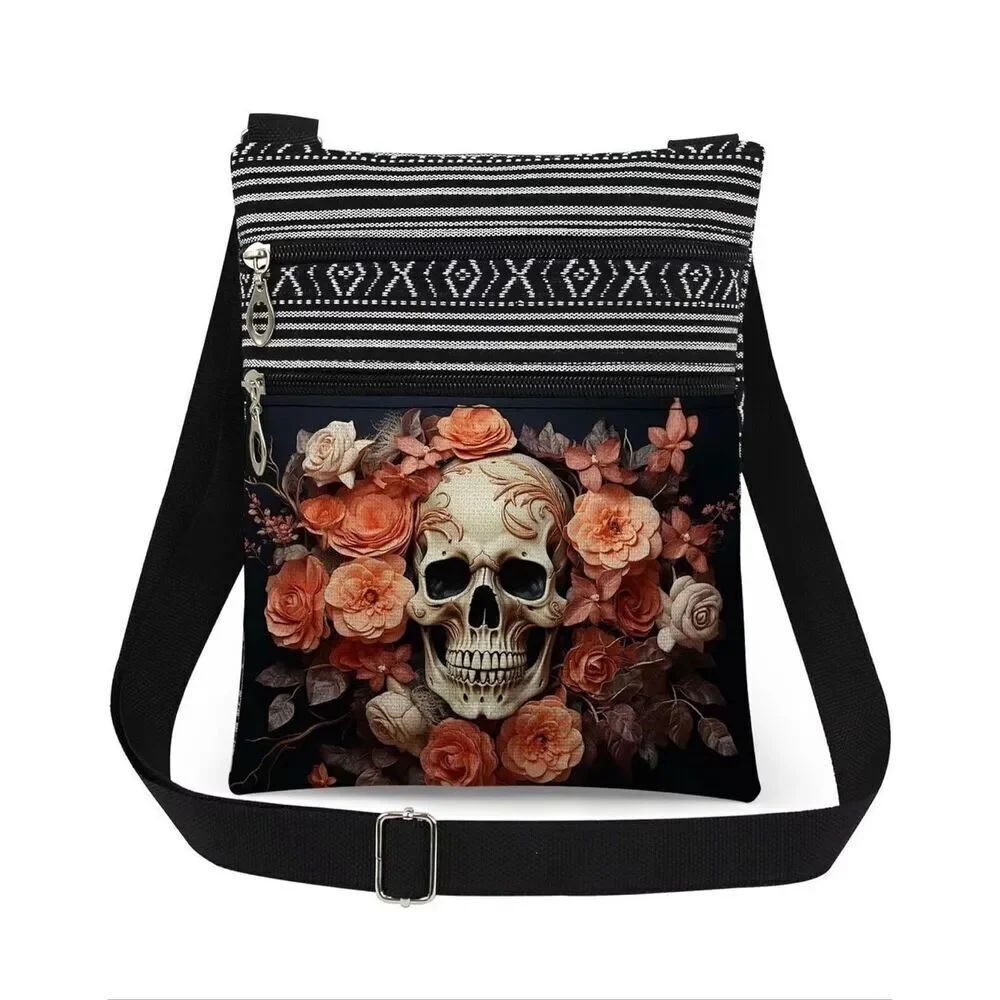 Skull Peach Pink Rose Cotton Canvas Double Pocket Crossbody Shoulder Pouch